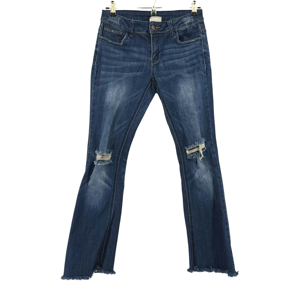 LITZ Y2K Womens Distressed Bootcut Jeans Dark Wash Raw Hem Size 28 Low Rise